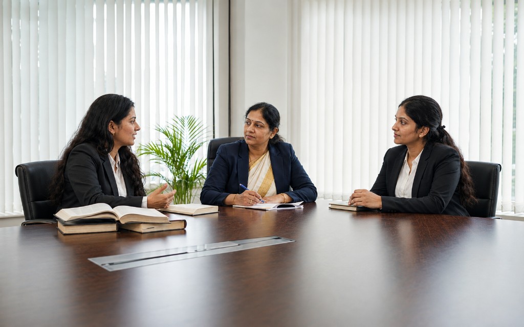 Women lawyers in discussion at a conference table