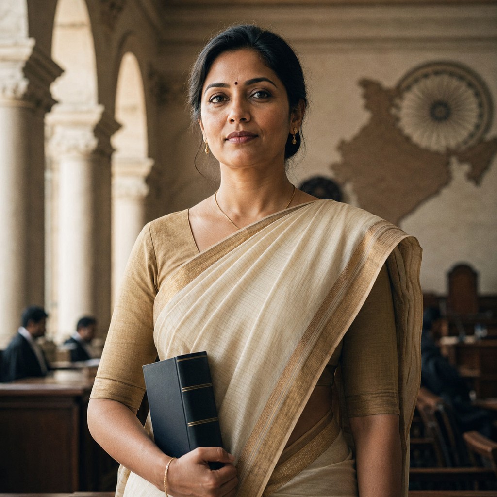 A modern Indian woman in a saree holding a law book, standing in a courtroom